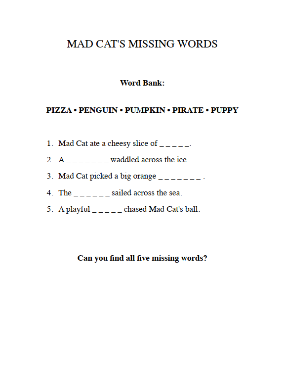 Interior coloring page from Mad Cat's ABC Word Adventures