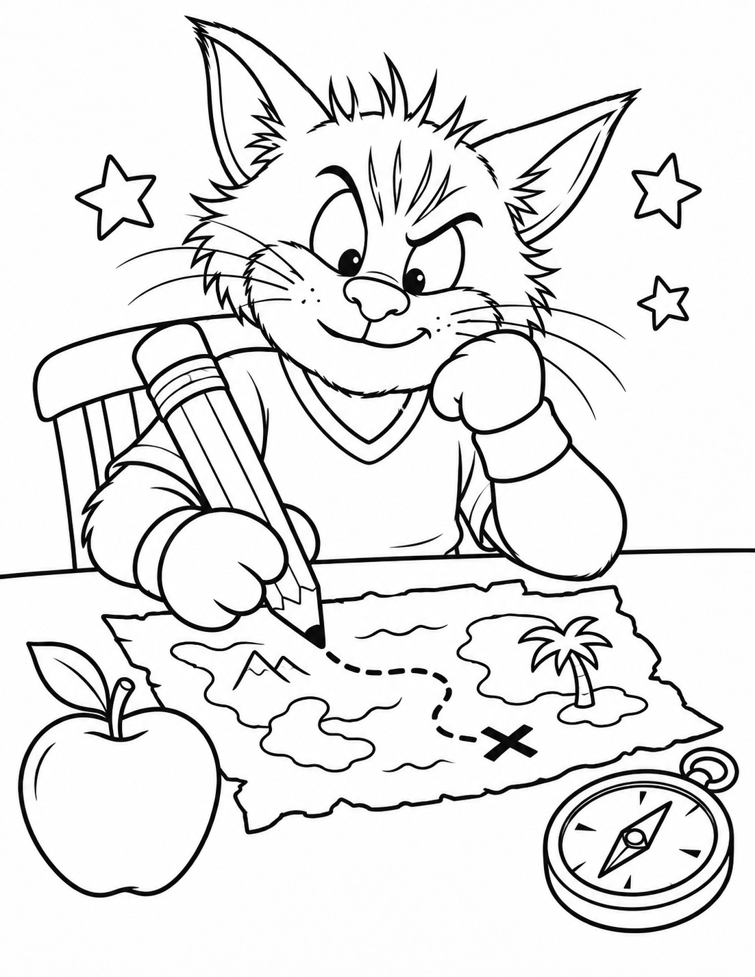 Interior coloring page from Mad Cat's ABC Word Adventures