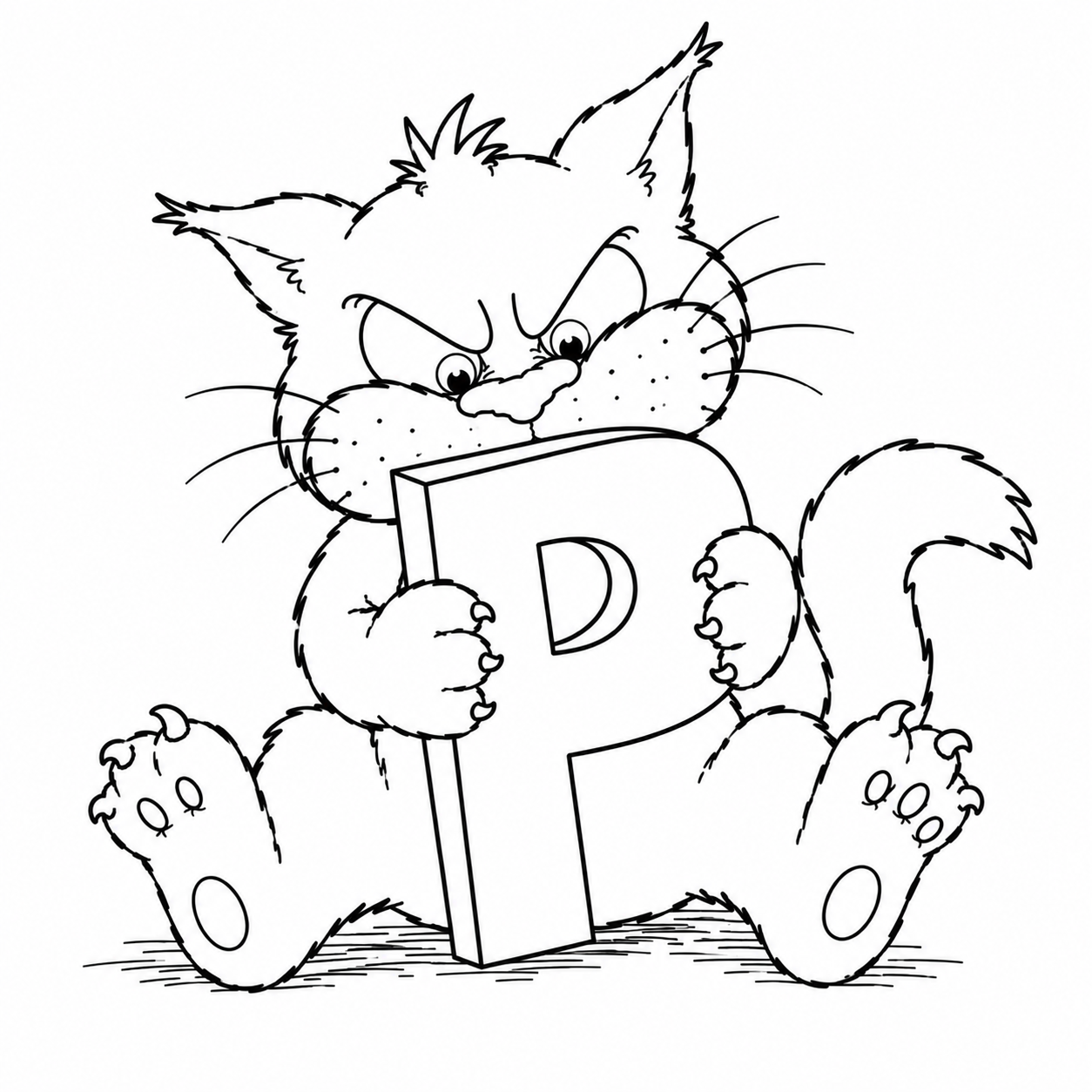 Interior coloring page from Mad Cat's ABC Word Adventures